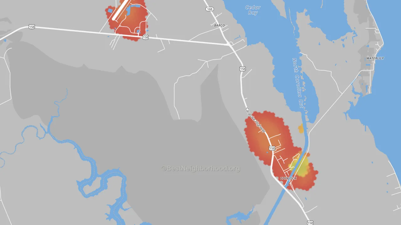 Walk Grade map of 27917, NC, walkable areas in green and car-dependent areas in red