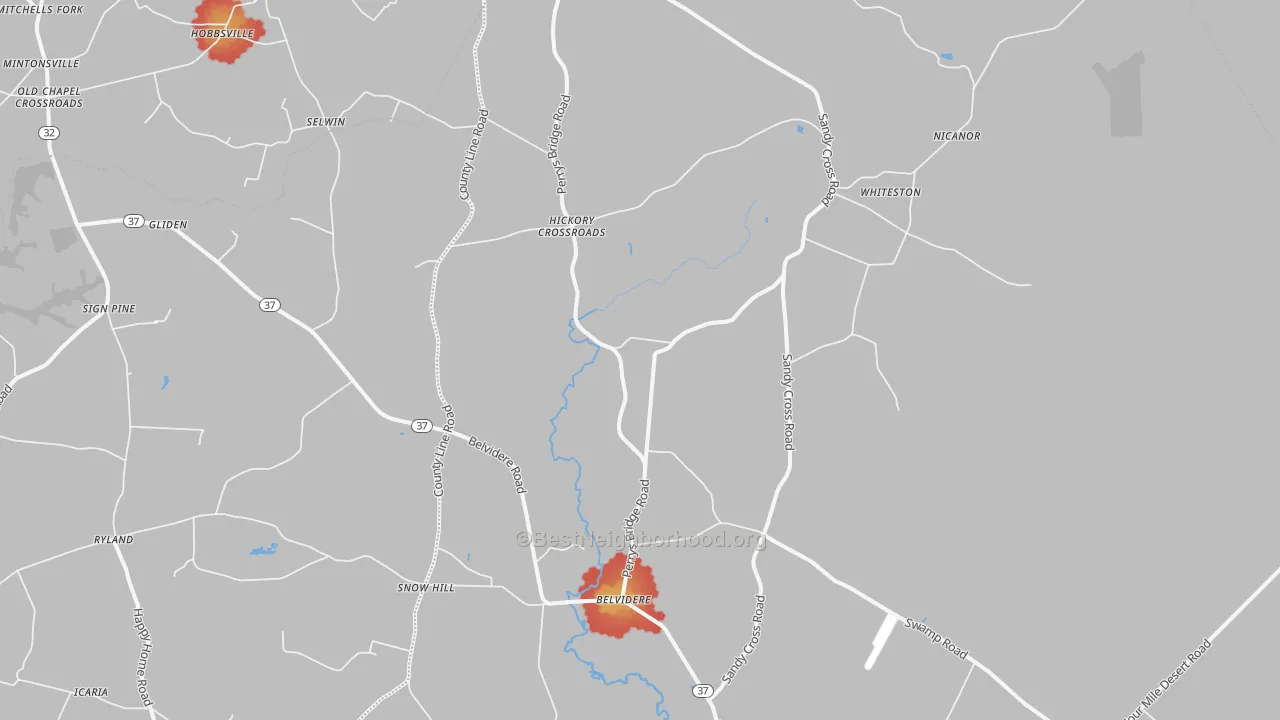 Walk Grade map of 27919, NC, walkable areas in green and car-dependent areas in red
