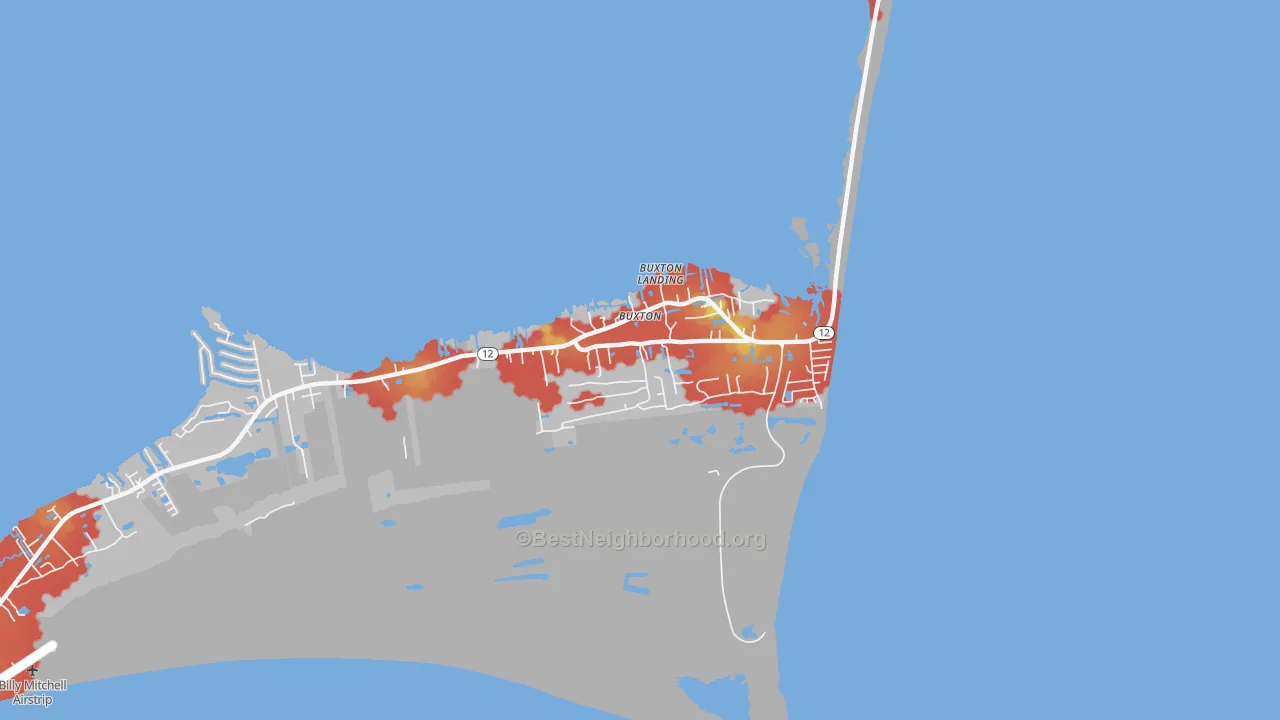 Walk Grade map of 27920, NC, walkable areas in green and car-dependent areas in red