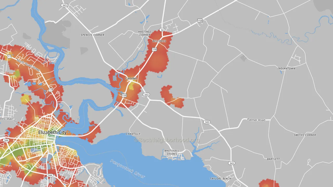 Walk Grade map of 27921, NC, walkable areas in green and car-dependent areas in red