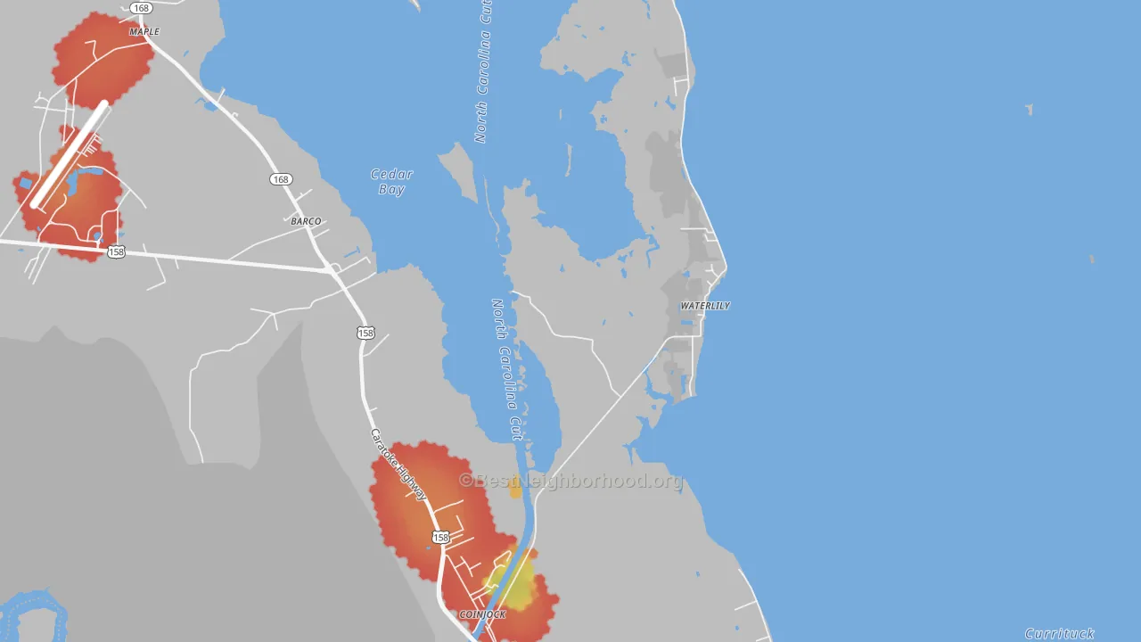 Walk Grade map of 27923, NC, walkable areas in green and car-dependent areas in red