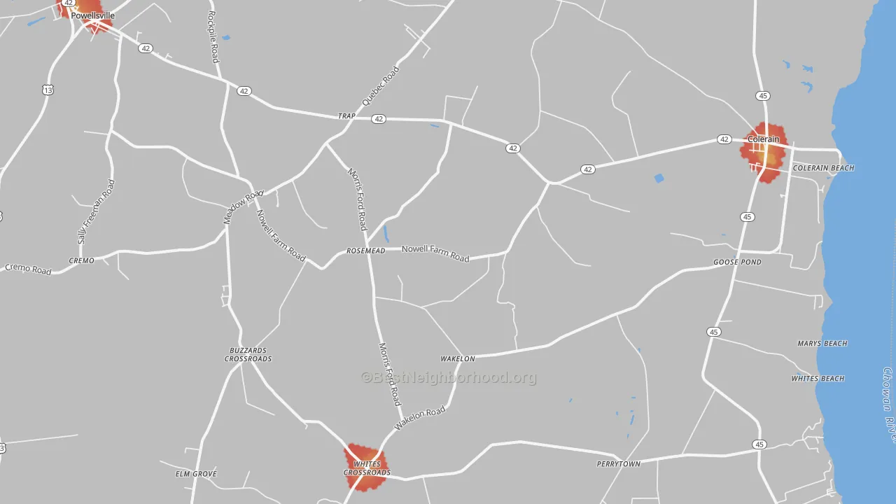 Walk Grade map of 27924, NC, walkable areas in green and car-dependent areas in red