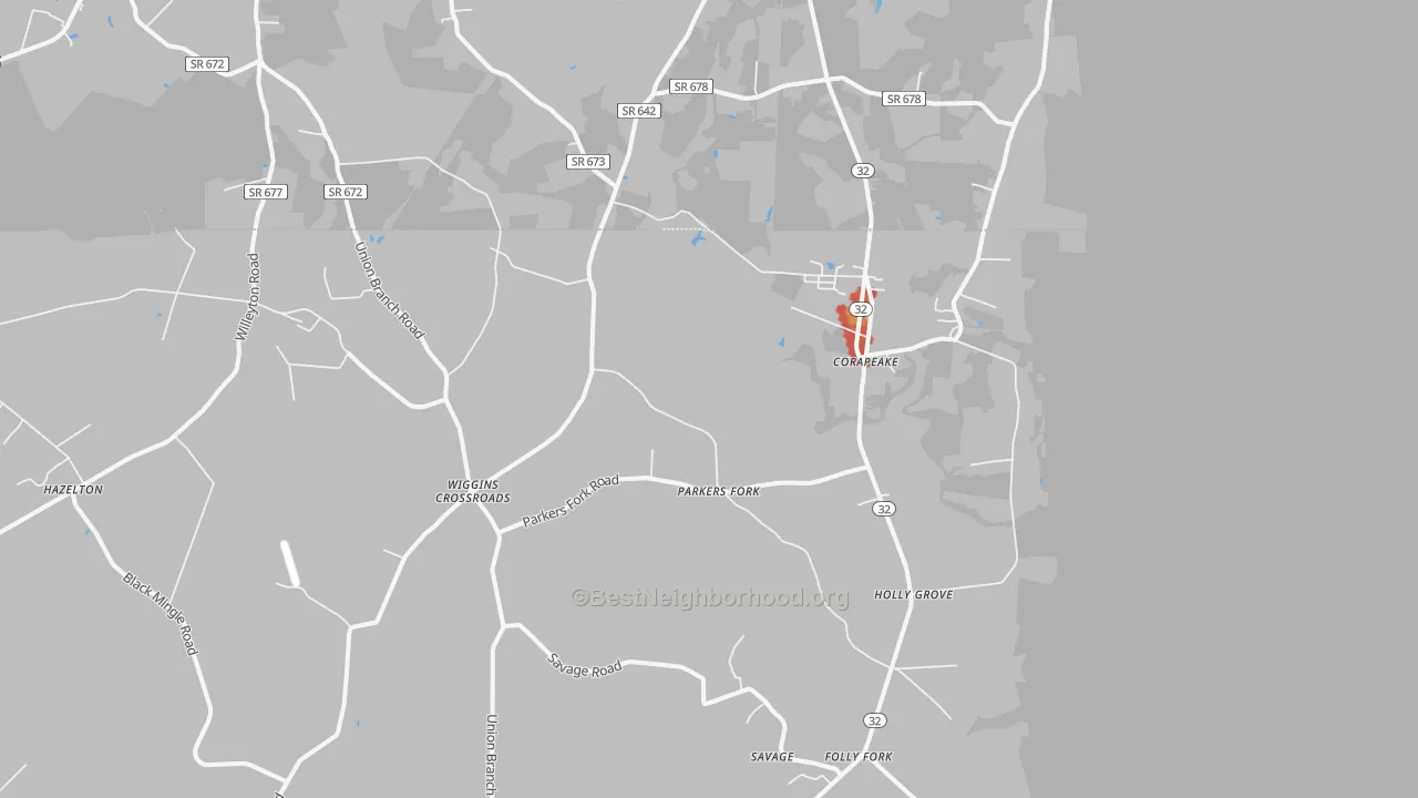 Walk Grade map of 27926, NC, walkable areas in green and car-dependent areas in red