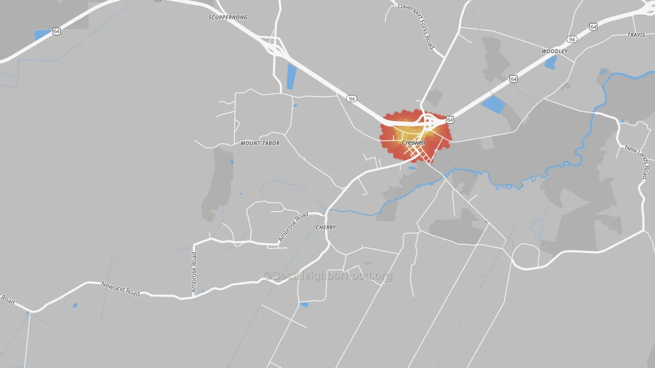 Walk Grade map of 27928, NC, walkable areas in green and car-dependent areas in red