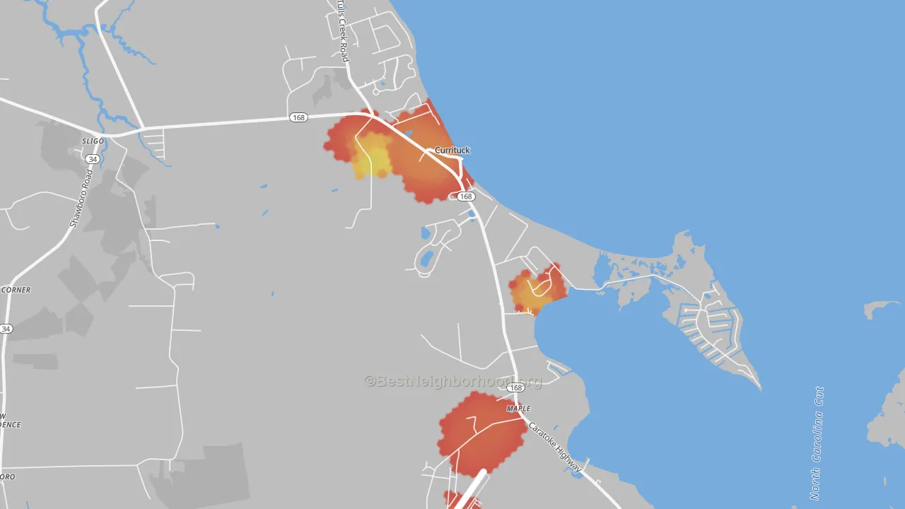 Walk Grade map of 27929, NC, walkable areas in green and car-dependent areas in red