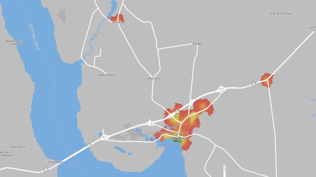 Walk Grade map of 27932, NC, walkable areas in green and car-dependent areas in red