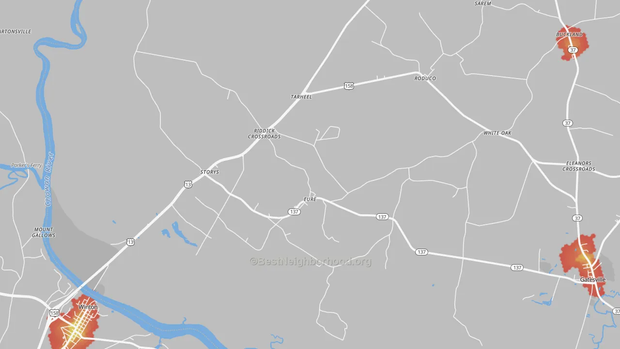 Walk Grade map of 27935, NC, walkable areas in green and car-dependent areas in red