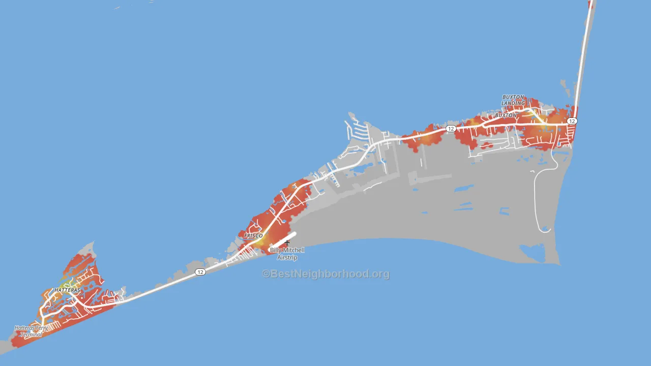 Walk Grade map of 27936, NC, walkable areas in green and car-dependent areas in red