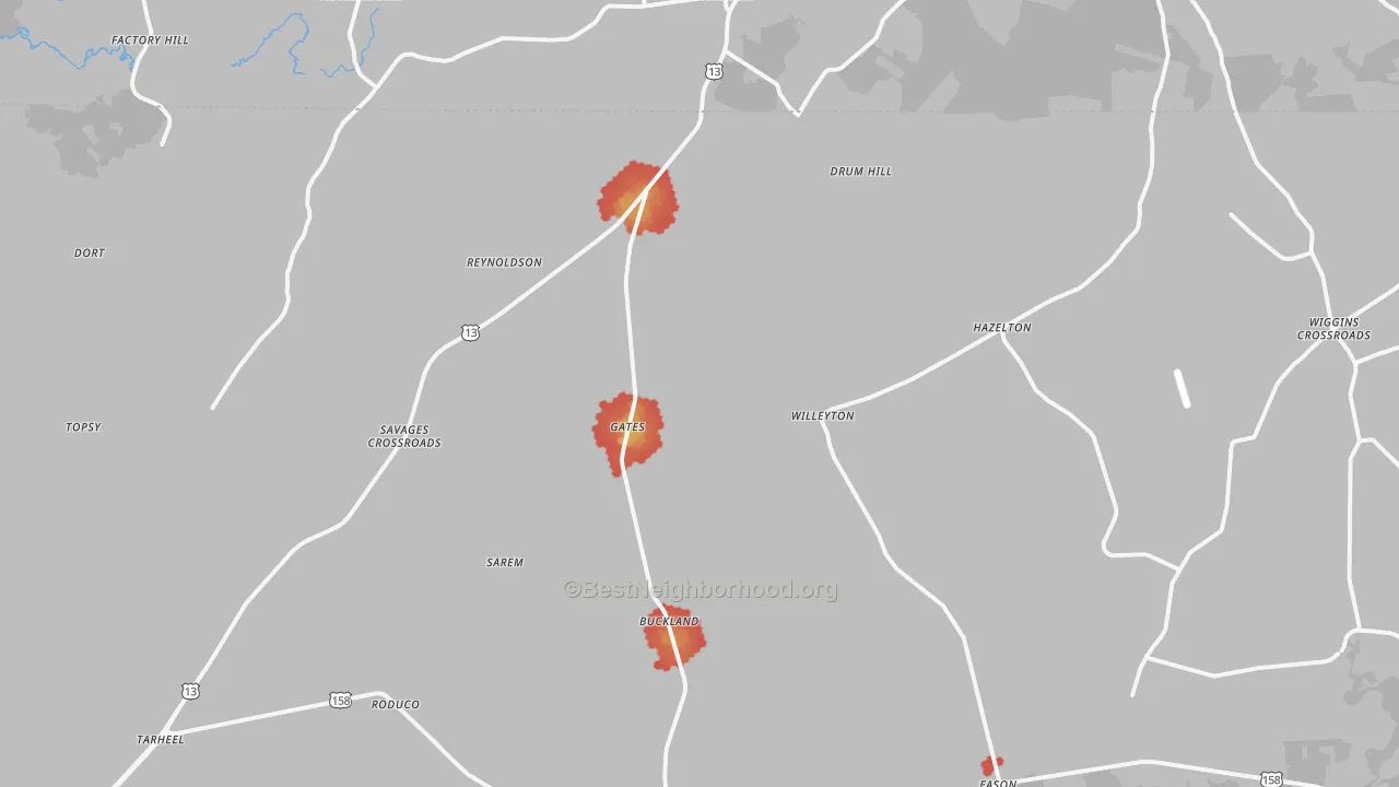 Walk Grade map of 27937, NC, walkable areas in green and car-dependent areas in red