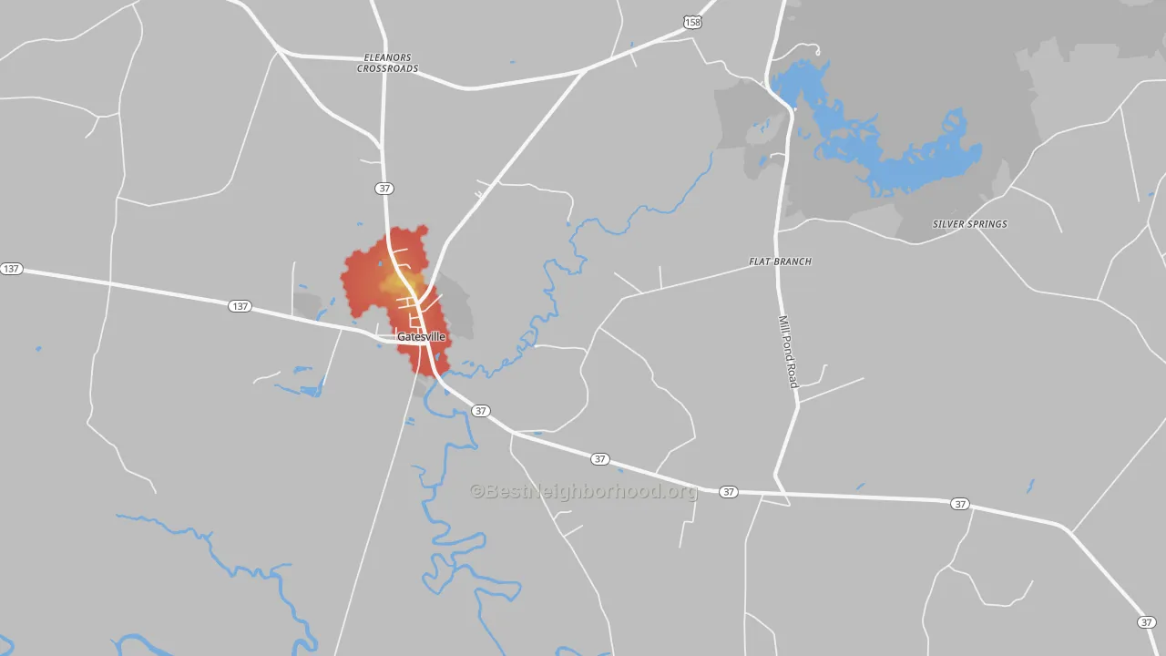 Walk Grade map of 27938, NC, walkable areas in green and car-dependent areas in red