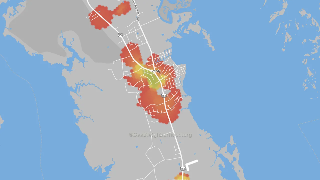 Walk Grade map of 27939, NC, walkable areas in green and car-dependent areas in red