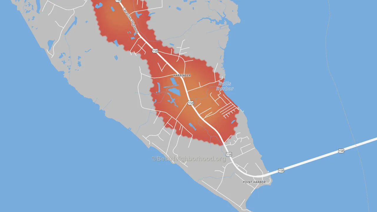 Walk Grade map of 27941, NC, walkable areas in green and car-dependent areas in red