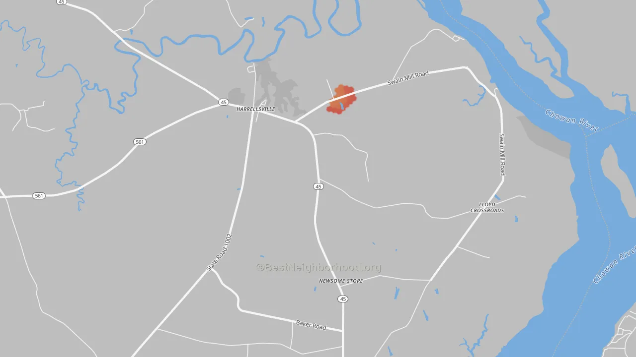 Walk Grade map of 27942, NC, walkable areas in green and car-dependent areas in red
