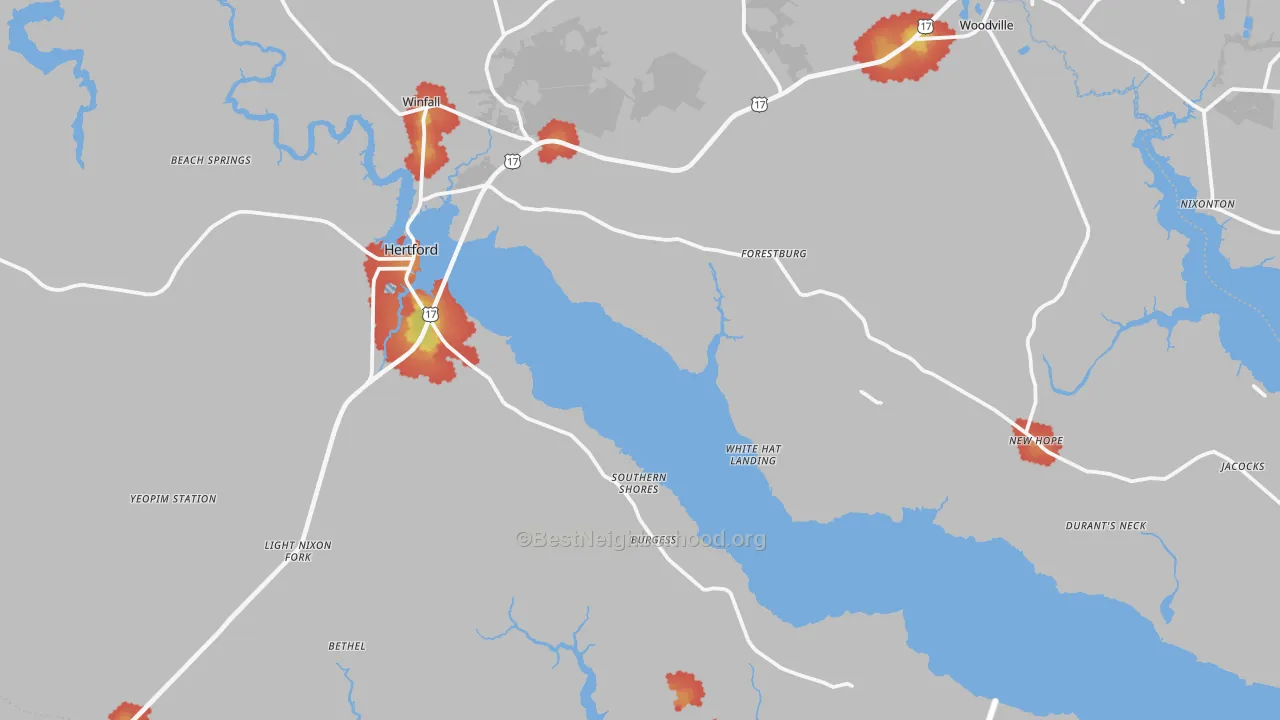 Walk Grade map of 27944, NC, walkable areas in green and car-dependent areas in red