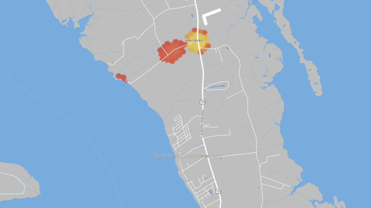Walk Grade map of 27947, NC, walkable areas in green and car-dependent areas in red