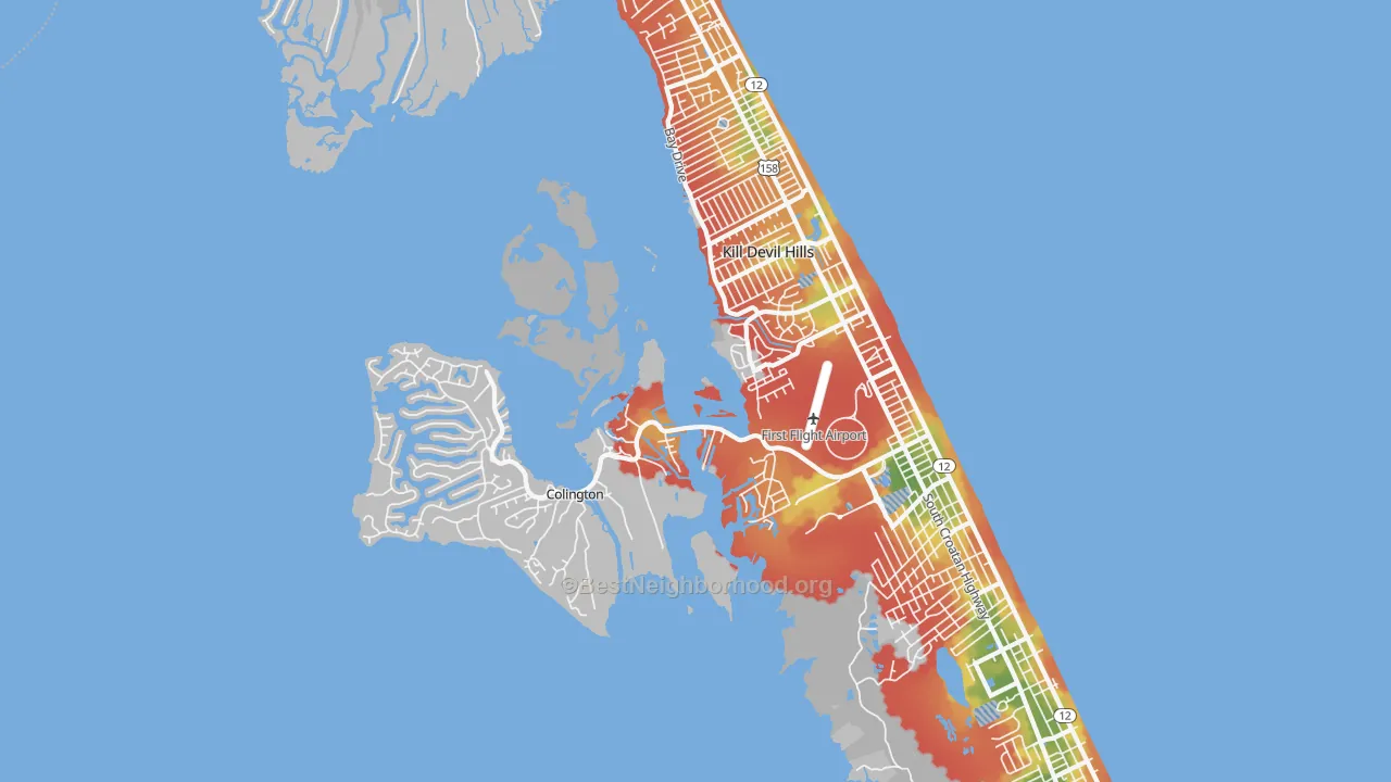 Walk Grade map of 27948, NC, walkable areas in green and car-dependent areas in red