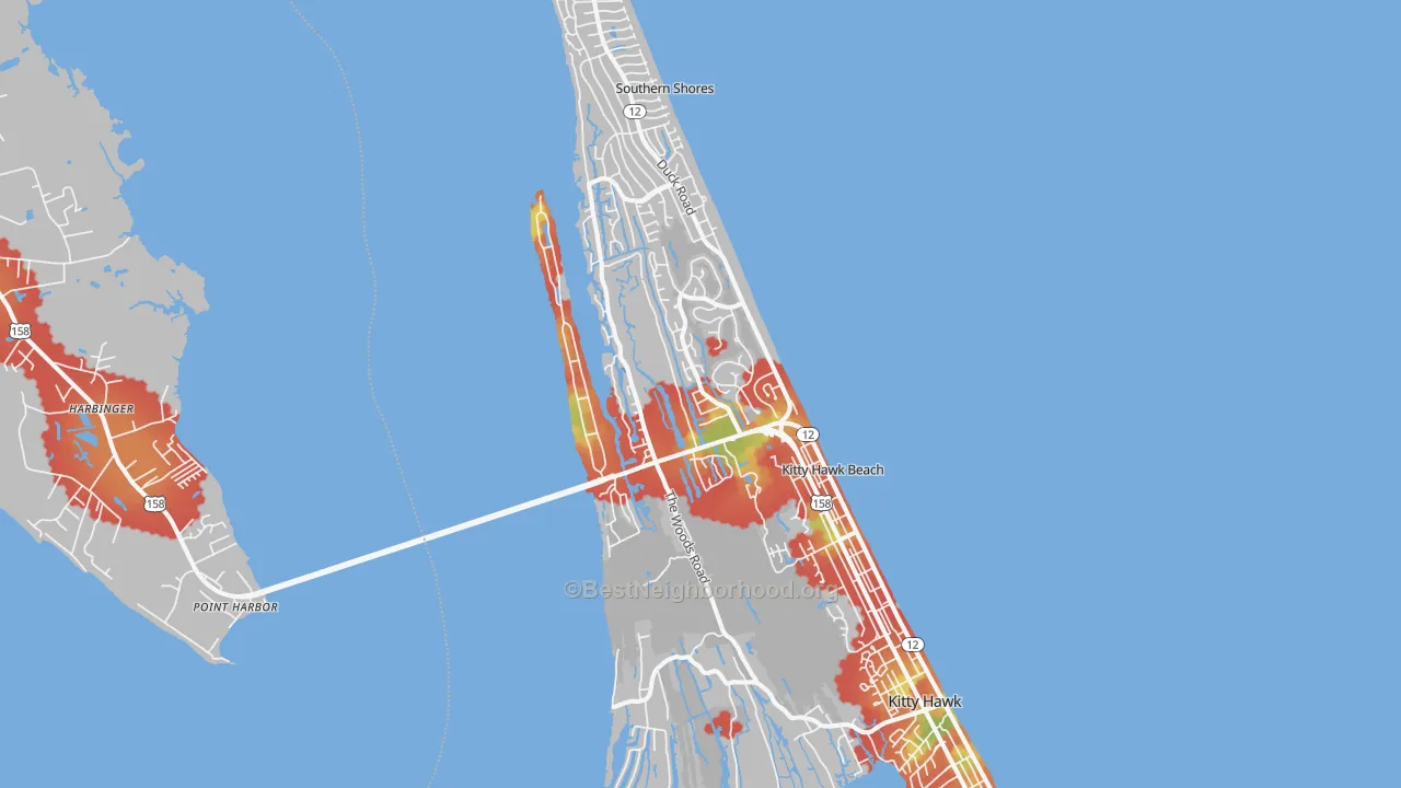 Walk Grade map of 27949, NC, walkable areas in green and car-dependent areas in red