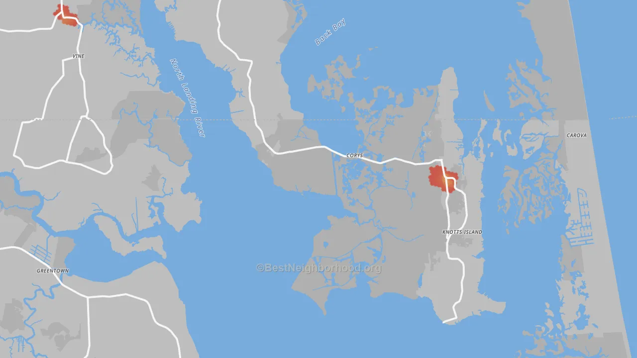 Walk Grade map of 27950, NC, walkable areas in green and car-dependent areas in red