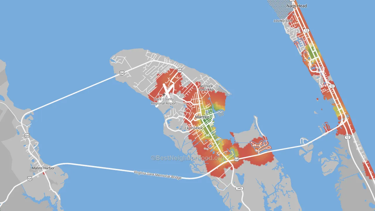 Walk Grade map of 27954, NC, walkable areas in green and car-dependent areas in red