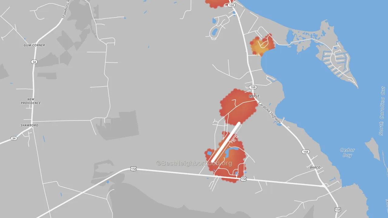 Walk Grade map of 27956, NC, walkable areas in green and car-dependent areas in red