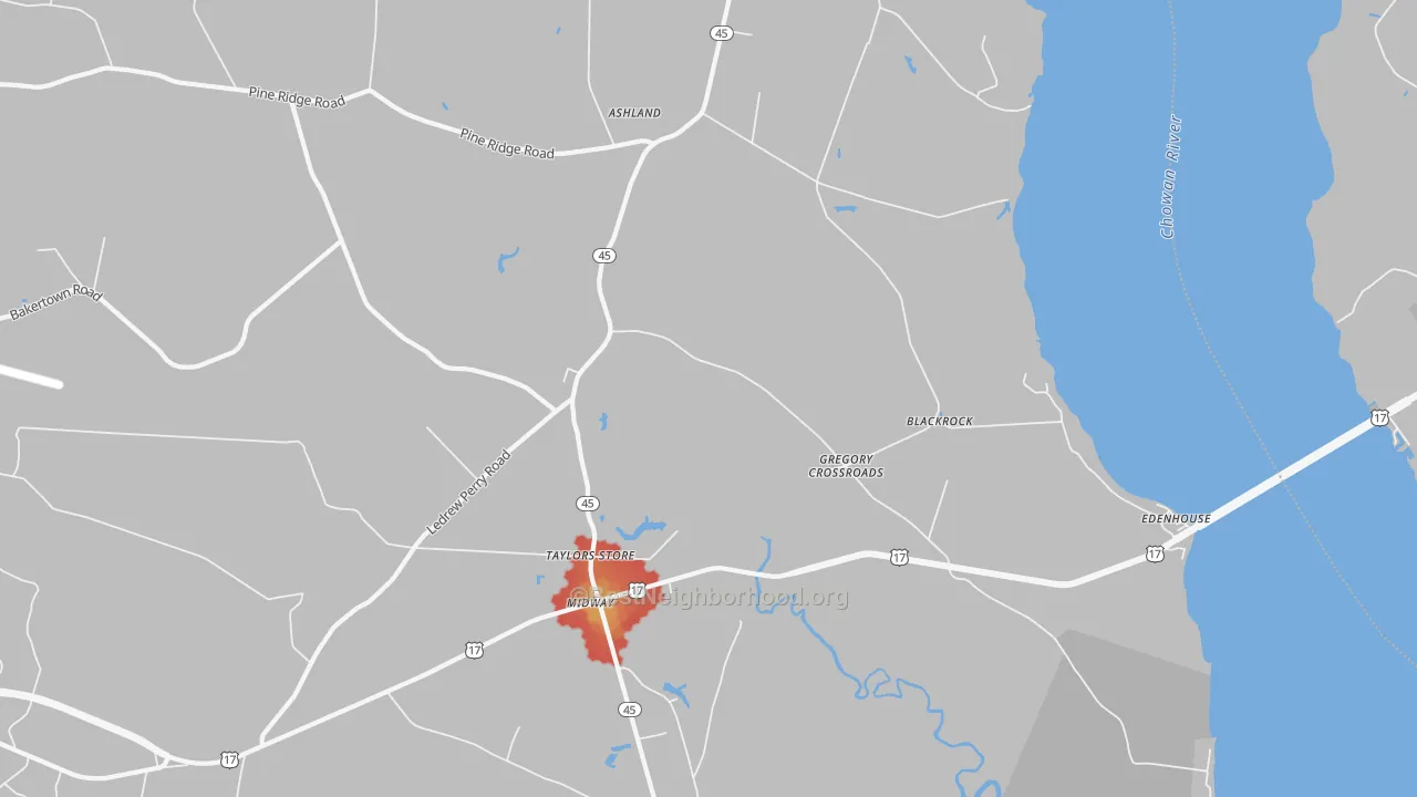Walk Grade map of 27957, NC, walkable areas in green and car-dependent areas in red