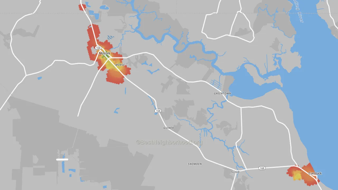 Walk Grade map of 27958, NC, walkable areas in green and car-dependent areas in red