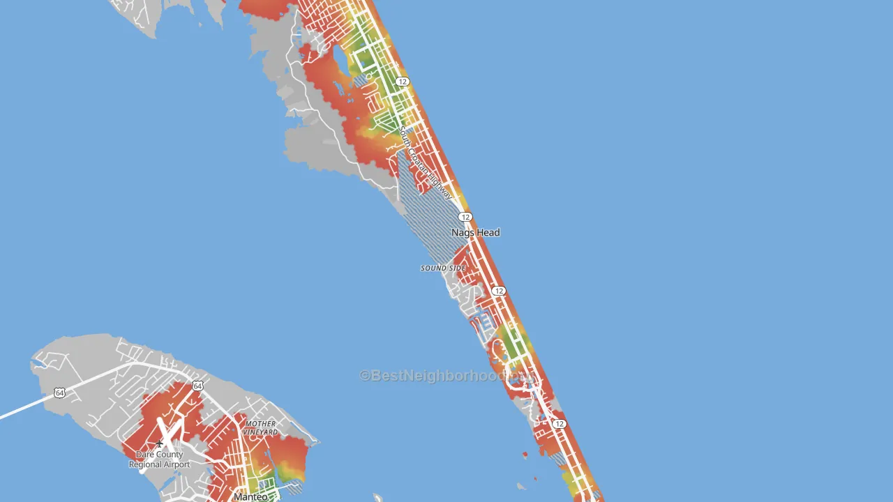 Walk Grade map of 27959, NC, walkable areas in green and car-dependent areas in red