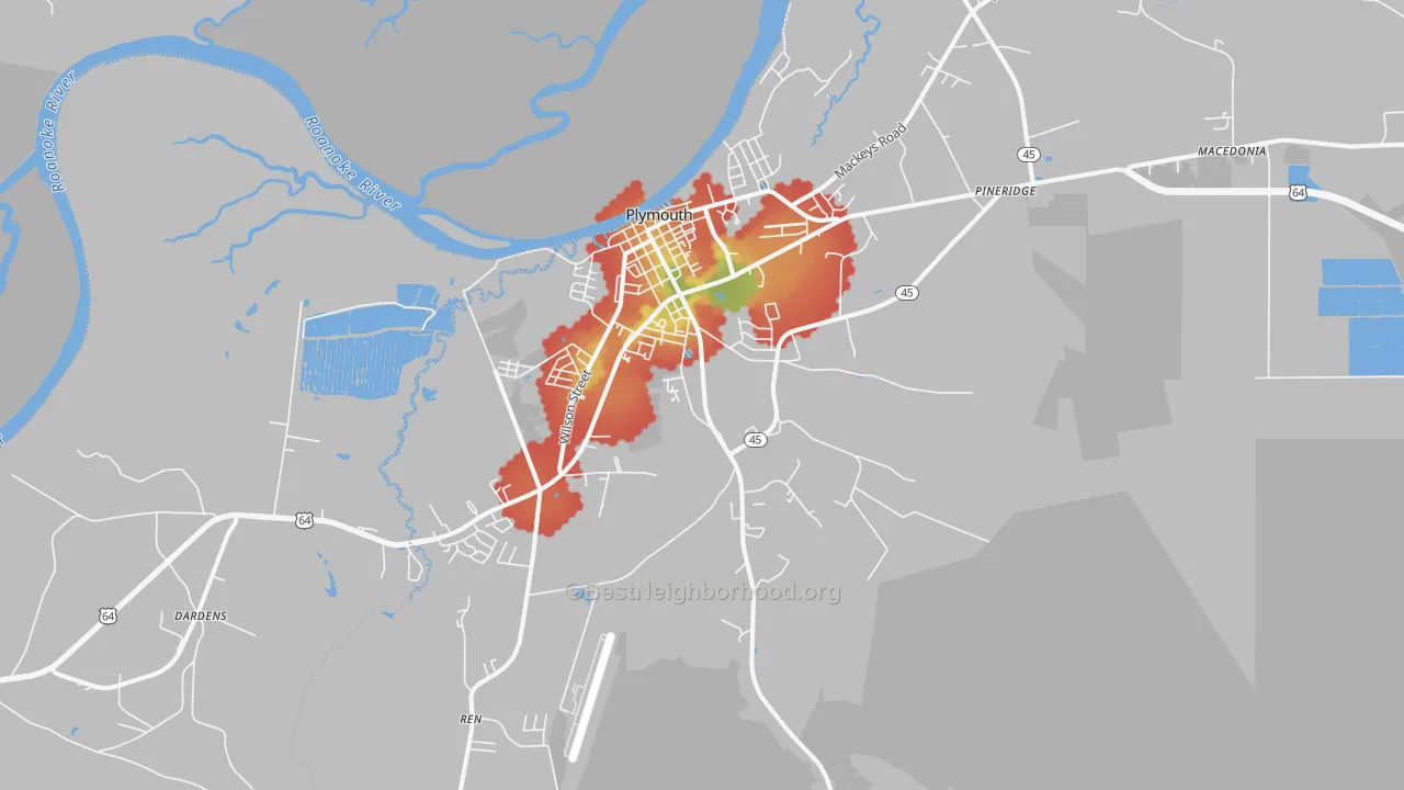 Walk Grade map of 27962, NC, walkable areas in green and car-dependent areas in red