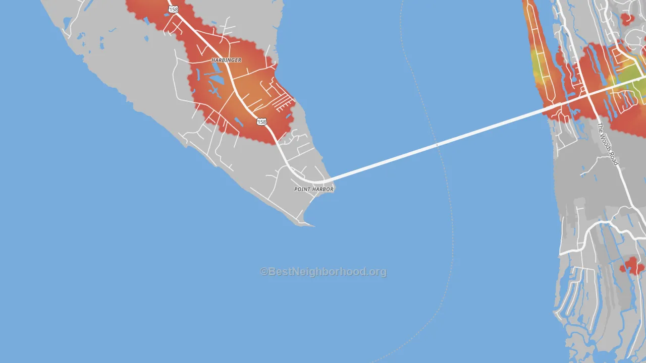Walk Grade map of 27964, NC, walkable areas in green and car-dependent areas in red