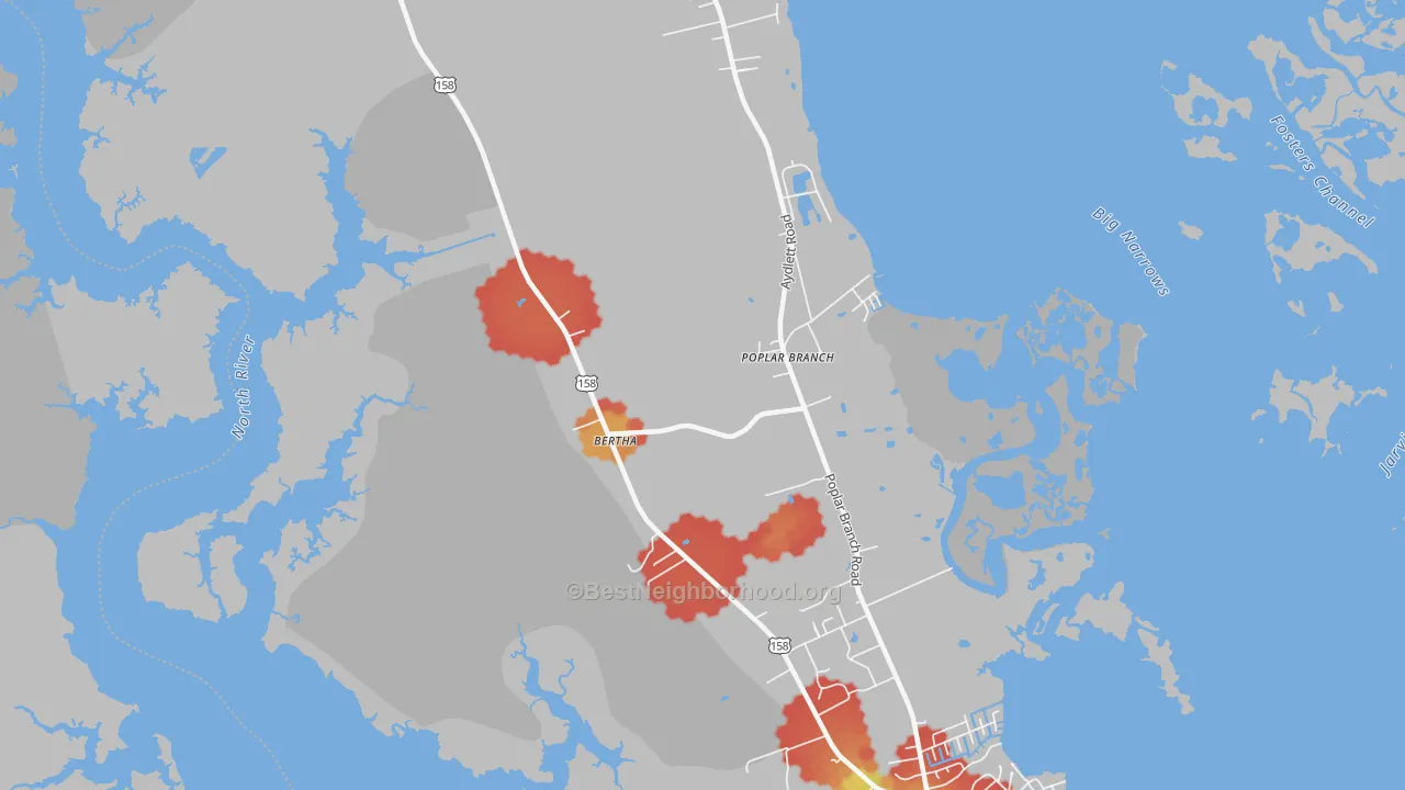 Walk Grade map of 27965, NC, walkable areas in green and car-dependent areas in red