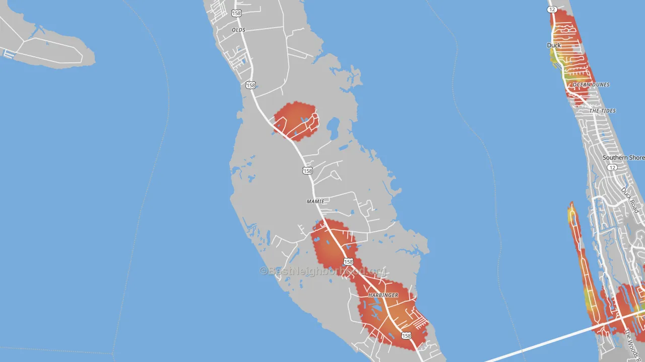 Walk Grade map of 27966, NC, walkable areas in green and car-dependent areas in red