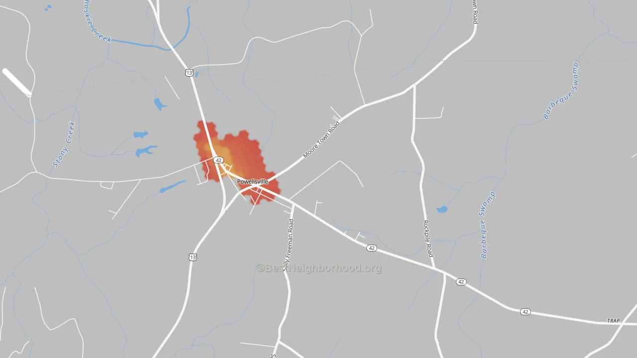 Walk Grade map of 27967, NC, walkable areas in green and car-dependent areas in red
