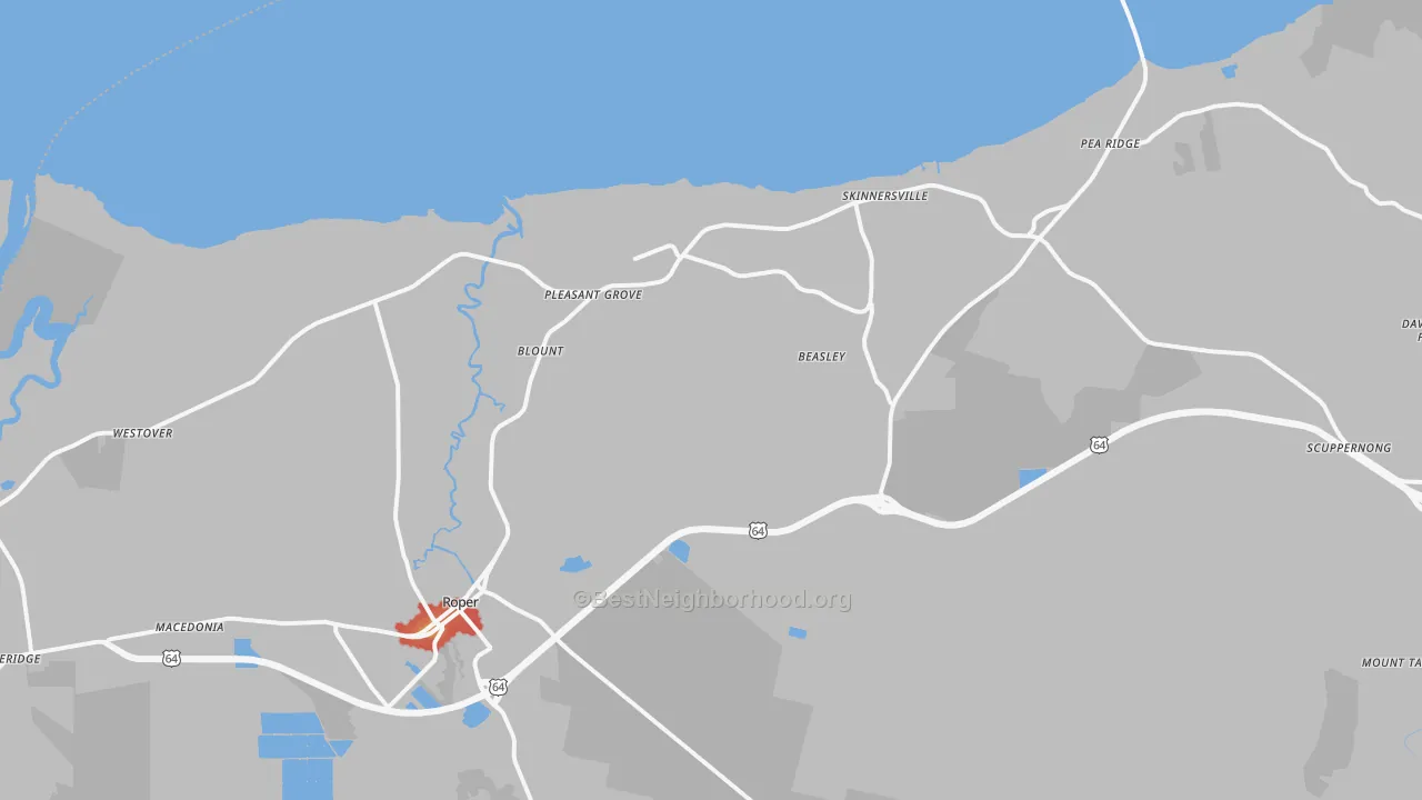 Walk Grade map of 27970, NC, walkable areas in green and car-dependent areas in red