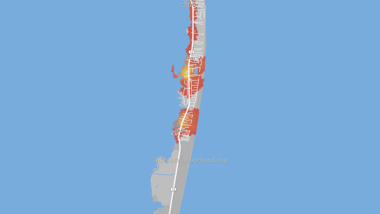 Walk Grade map of 27972, NC, walkable areas in green and car-dependent areas in red
