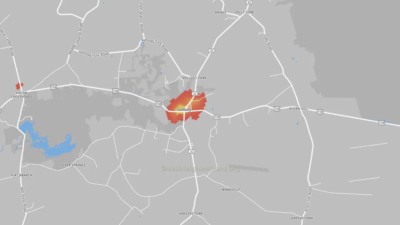 Walk Grade map of 27979, NC, walkable areas in green and car-dependent areas in red
