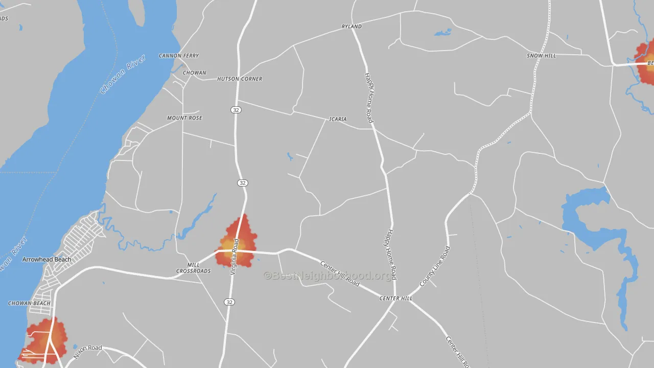Walk Grade map of 27980, NC, walkable areas in green and car-dependent areas in red