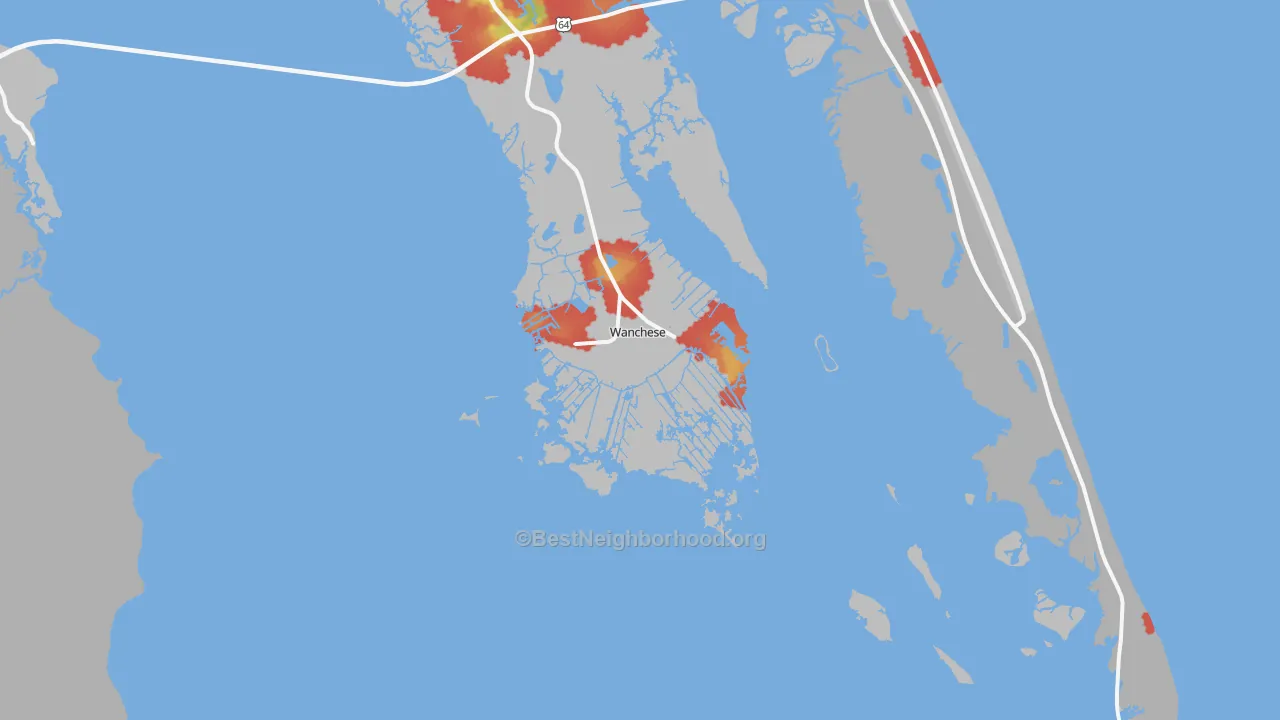 Walk Grade map of 27981, NC, walkable areas in green and car-dependent areas in red