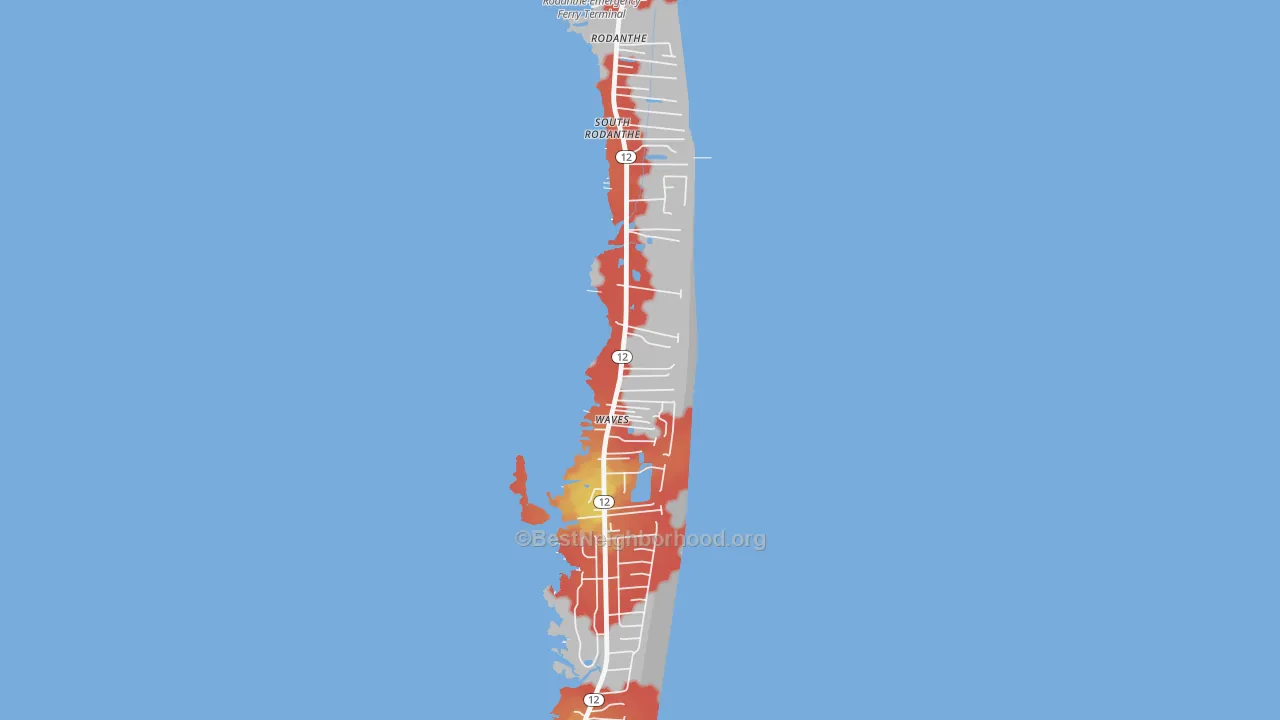 Walk Grade map of 27982, NC, walkable areas in green and car-dependent areas in red