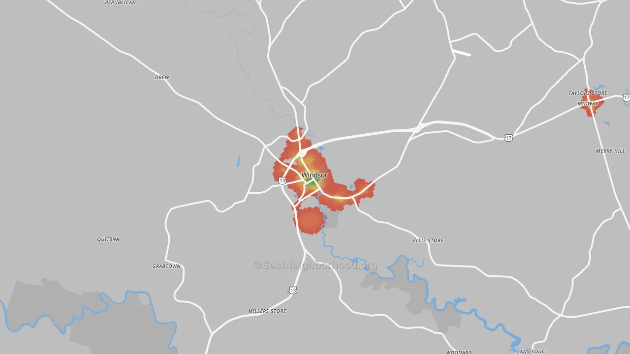 Walk Grade map of 27983, NC, walkable areas in green and car-dependent areas in red