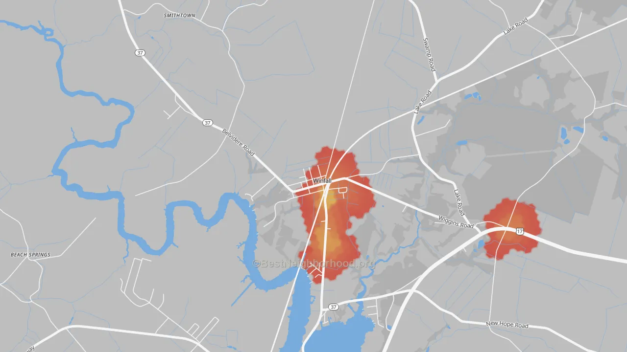 Walk Grade map of 27985, NC, walkable areas in green and car-dependent areas in red