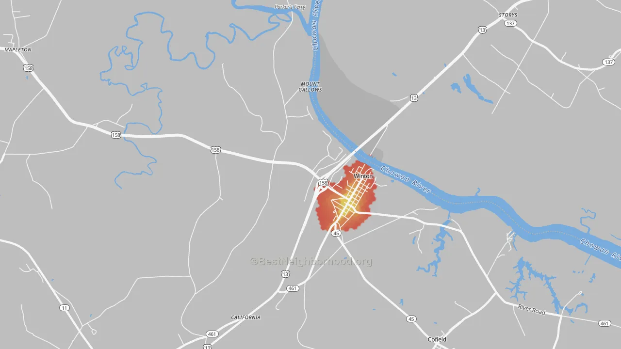 Walk Grade map of 27986, NC, walkable areas in green and car-dependent areas in red