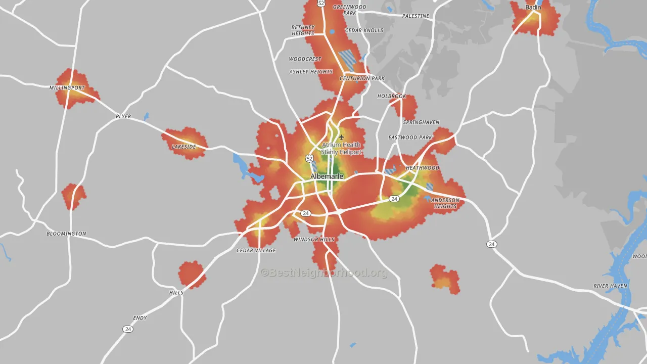 Walk Grade map of 28001, NC, walkable areas in green and car-dependent areas in red