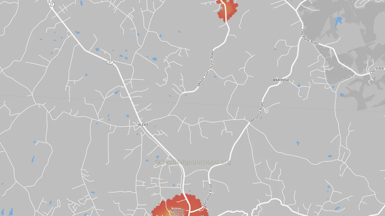 Walk Grade map of 28006, NC, walkable areas in green and car-dependent areas in red