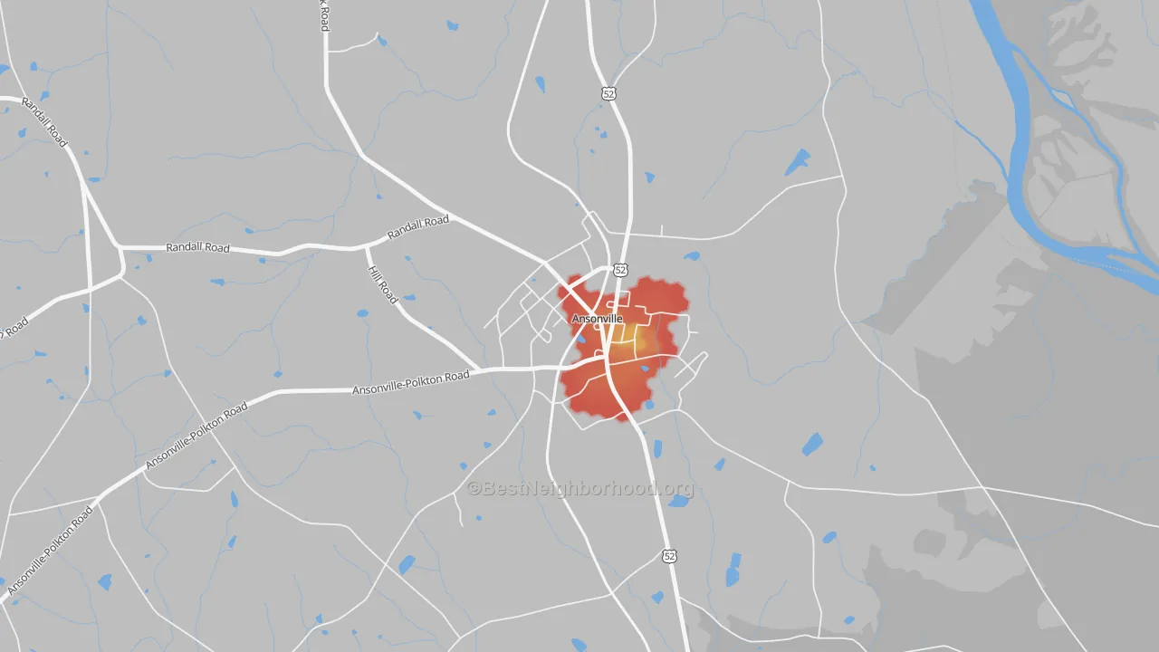 Walk Grade map of 28007, NC, walkable areas in green and car-dependent areas in red
