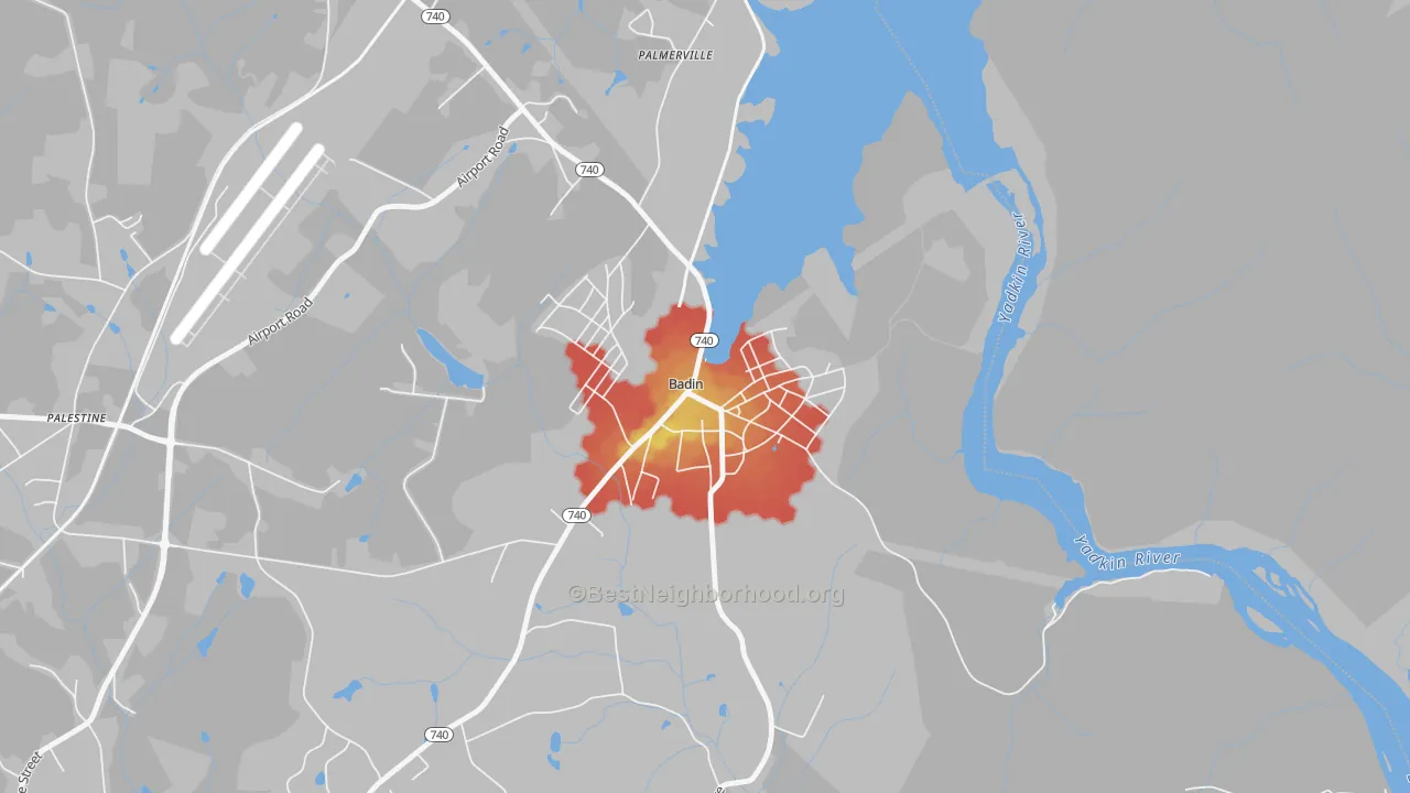 Walk Grade map of 28009, NC, walkable areas in green and car-dependent areas in red