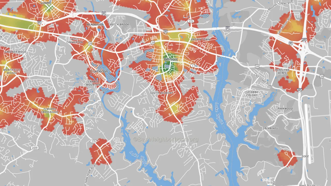 Walk Grade map of 28012, NC, walkable areas in green and car-dependent areas in red
