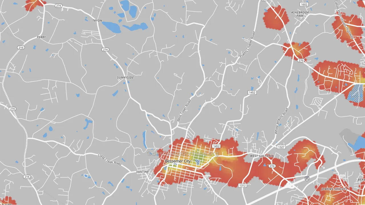 Walk Grade map of 28016, NC, walkable areas in green and car-dependent areas in red