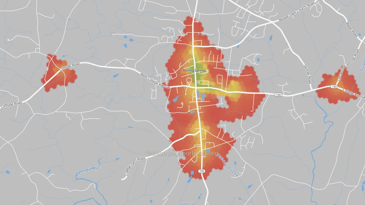 Walk Grade map of 28017, NC, walkable areas in green and car-dependent areas in red