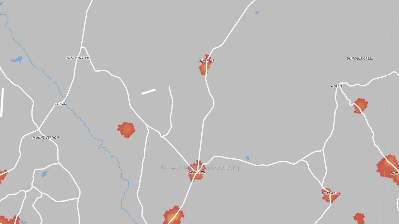 Walk Grade map of 28018, NC, walkable areas in green and car-dependent areas in red