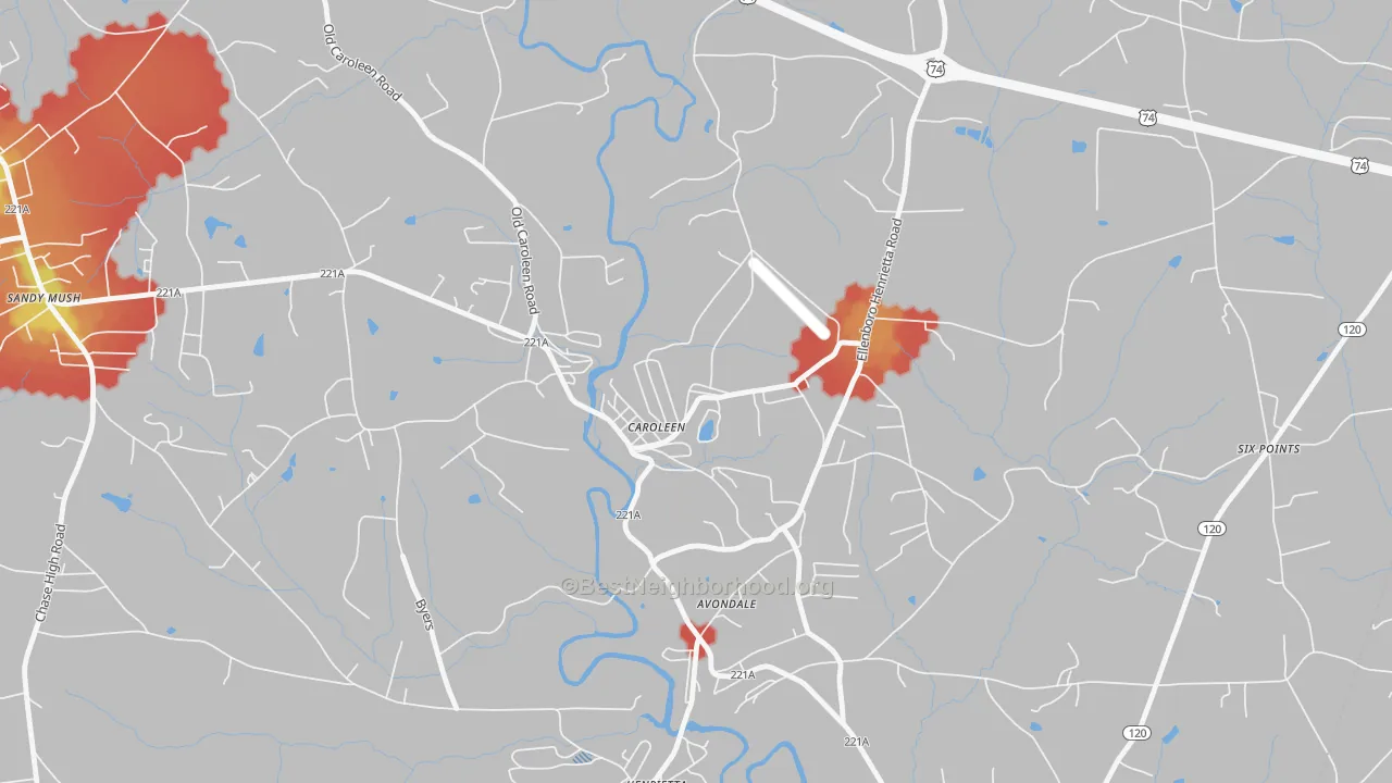 Walk Grade map of 28019, NC, walkable areas in green and car-dependent areas in red